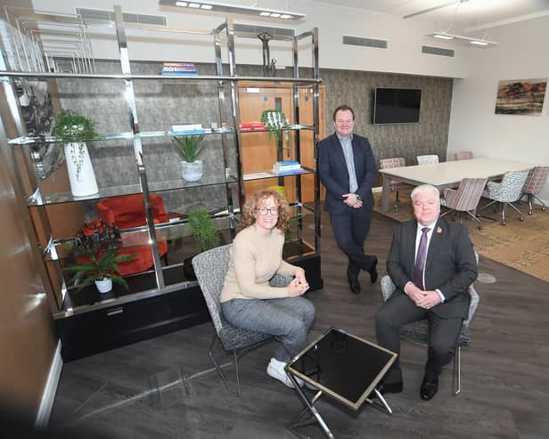 From the left, Isobel Woods, Luke Pulford and Cllr Martin Watson from Warwickshire County Council at the Eliot Park Innovation Centre in Nuneaton