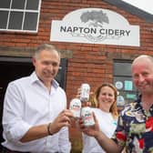 Andy Maddock, Purity Brewing Group chief executive officer with Jolyon and Charlotte Olivier at Napton Cidery.