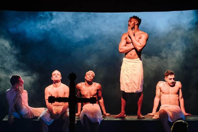 Jacob James Beswick as Lightborn, Michael Cusick as Ensemble, Kwaku Mills as Baldock, Eloka Ivo as Gaveston and Stavros Demetraki as Spencer in Edward II (photo: Helen Murray)