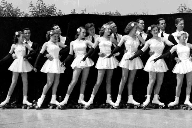 The Skatercades Dance Team circa 1953.
Sent in by Mrs Anne Kerridge  of Southsea they are from left to right:-
 Eillen & Brian, Betsy & Cyril, Joan & Keith, Wendy & Brian, Anne & Richard, Thurley & Charles, and Chris & Johnny.