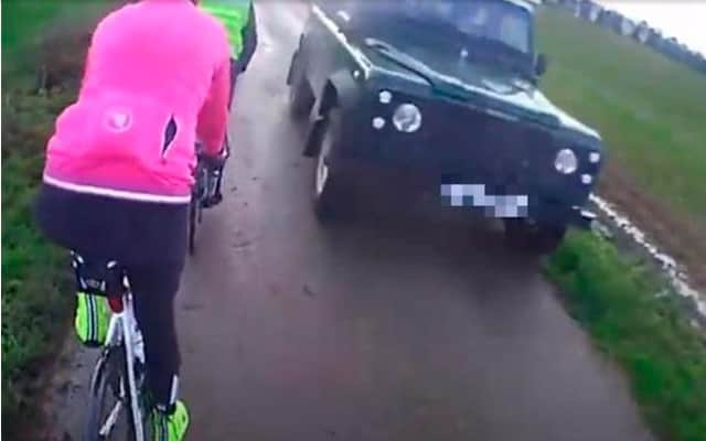 This video showed Miley's Land Rover failed to slow down as it approached a group of cyclists on a narrow country lane