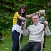 Cathy Elliott, independent Chair of HS2's local area funds, with Councillor Brian Follett, marking the installation of an outdoor gym for Radford Semele following a £30,000 award from HS2’s Community and Environment Fund. Credit: HS2 Ltd