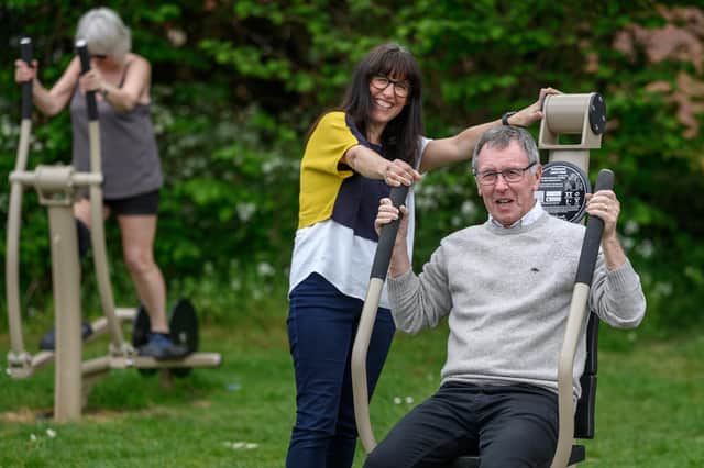 Cathy Elliott, independent Chair of HS2's local area funds, with Councillor Brian Follett, marking the installation of an outdoor gym for Radford Semele following a £30,000 award from HS2’s Community and Environment Fund. Credit: HS2 Ltd