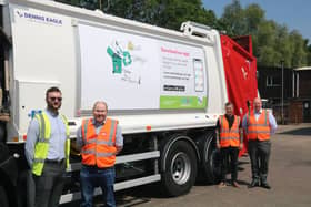 Councillor Will Roberts with Jamie Wickes, recycling development officer at Warwick District Council; and representatives from Biffa. Photo by Warwick District Council