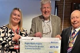 Myton Hospice Local Fundraiser Laura Eaton; Rugby Rotary TOL Organiser Peter Smith; Rugby Rotary President Keith Ward.