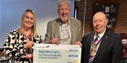 Myton Hospice Local Fundraiser Laura Eaton; Rugby Rotary TOL Organiser Peter Smith; Rugby Rotary President Keith Ward.