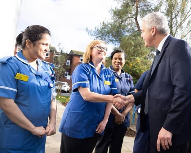 Health Secretary Steve Barclay MP speaks to staff at Rugby's Hospital of St Cross