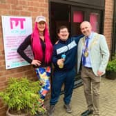 Glenique Frank with Bobby and Rugby Mayor Simon Ward.