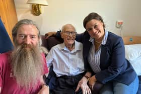Cubbington Mill Care Home resident 110-year-old John Farrigndon with president and chief science officer of the Longevity Escape Velocity (LEV) Foundation  Aubrey de Grey and phlebotomist Natalie Coles who had travelled from California to meet him.