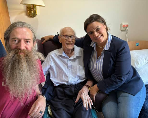 Cubbington Mill Care Home resident 110-year-old John Farrigndon with president and chief science officer of the Longevity Escape Velocity (LEV) Foundation  Aubrey de Grey and phlebotomist Natalie Coles who had travelled from California to meet him.