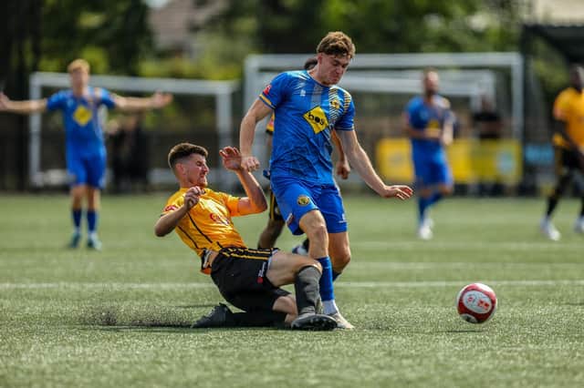 Ex-Leamington man Jack Edwards (left) tackles Ant Lynn during the friendly with RC Warwick. Photo: Chris Simpson.