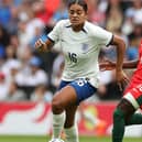 MILTON KEYNES, ENGLAND - JULY 01:  Jess Carter of England moves away from Diana Silva during the Women's International Friendly match between England and Portugal at Stadium mk on July 01, 2023 in Milton Keynes, England. (Photo by David Rogers/Getty Images)