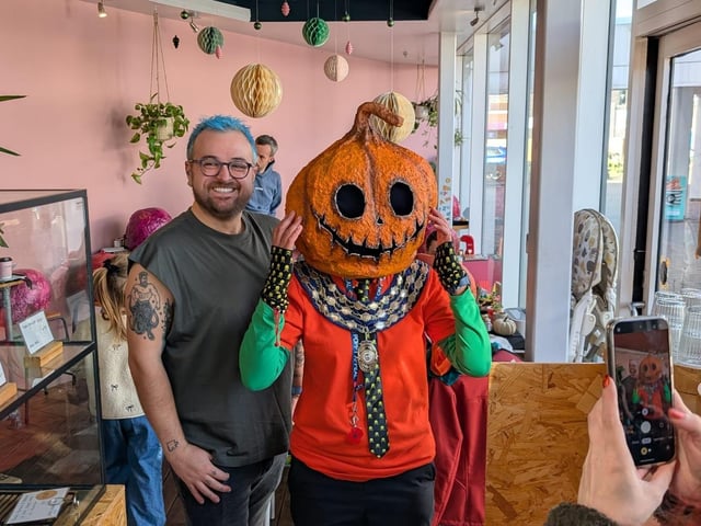 Andrew Phimister-Double with the Mayor of Warwick wearing one of Andrew's handmade pumpkin heads.
