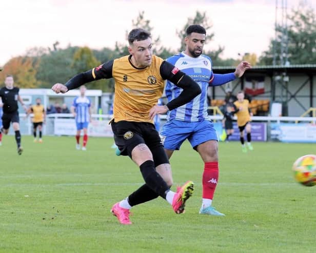 Henry Landers netted Leamington's goal at Needham Market Photo: Leamington FC.