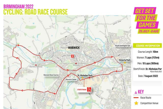 The cycling road race for the Birmingham 2022 Commonwealth Games will be taking place in Warwick this weekend. Graphics supplied by Warwickshire County Council