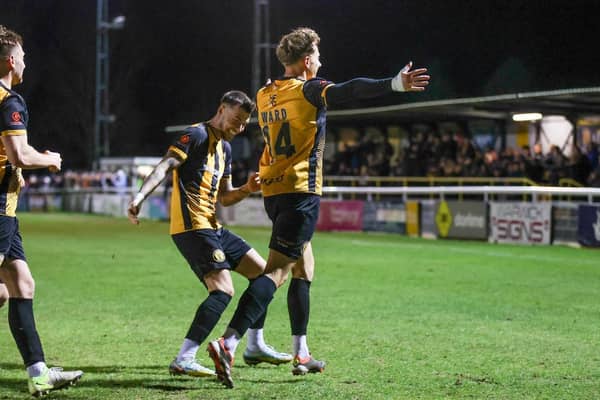 George Ward celebrates his goal against Kidderminster. Photo: Chris Simpson.
