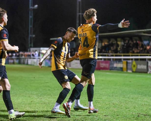 George Ward celebrates his goal against Kidderminster. Photo: Chris Simpson.