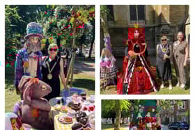 Rugby Mayor Barbara Brown with some of the weird and wonderful Alice displays.