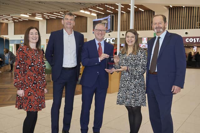 Rugby services interior award being presented (left to right): Louise Collins (Transport Focus), Nigel Stevens (Transport Focus Chair), Moto chief executive Ken McMeikan, Moto Rugby site operations manager Alex Purcarea and Transport Focus chief executive Anthony Smith. Photo supplied