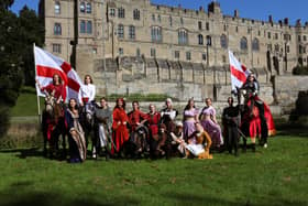 Ahead of the Women’s World Cup semifinal against Australia, the female figures have raised the England flag at Warwick Castle. 
The photo shows the women of Warwick Castle, including Queen Margaret of Anjou, Queen Consort Elizabeth of York, three female horses, two princesses, a cook, a Trebuchet Master, two tudor trickriders, two squires, and a full female cast of The Castle Dungeons characters. Photo supplied by Warwick Castle