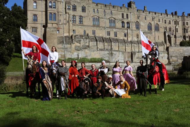 Ahead of the Women’s World Cup semifinal against Australia, the female figures have raised the England flag at Warwick Castle. 
The photo shows the women of Warwick Castle, including Queen Margaret of Anjou, Queen Consort Elizabeth of York, three female horses, two princesses, a cook, a Trebuchet Master, two tudor trickriders, two squires, and a full female cast of The Castle Dungeons characters. Photo supplied by Warwick Castle