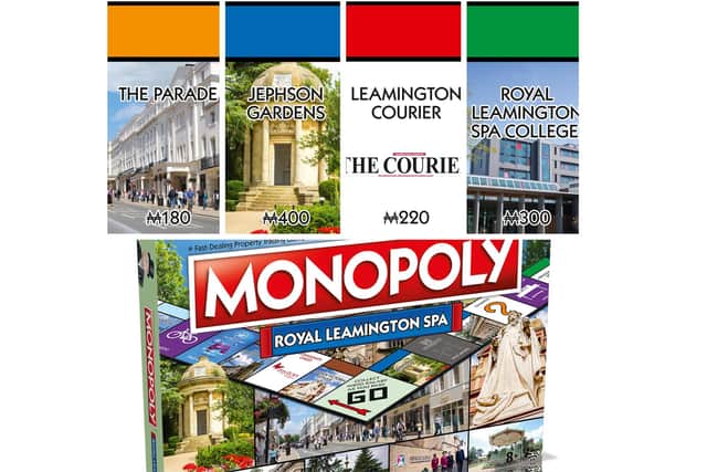 A collage of some of the places and the box for the Monopoly: Royal Leamington Spa Edition