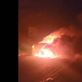 The other car involved in the Robarts crash burst into flames shortly after the dramatic accident.