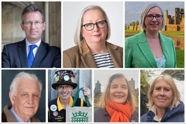 Candidates for Kenilworth and Southam (from top left, going clockwise): Jeremy Wright (Conservatives), Cat Price (Labour), Jenny Wilkinson (Lib Dem), Jacqui Harris (Reform UK), Alix Dearing (Green), Nick Blunderbuss Green (The Official Monster Raving Loony Party) and Paul De'ath (UKIP).