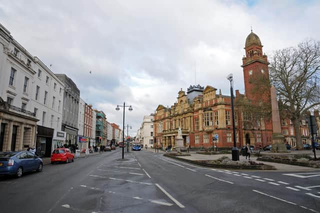 The Parade and Leamington Town Hall in Leamington town centre.