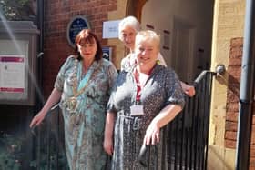 Rugby Mayor Maggie O'Rourke, Sheila Winterton, Vice President of the Percival Guildhouse, and Sarah Gall, Centre Manager.