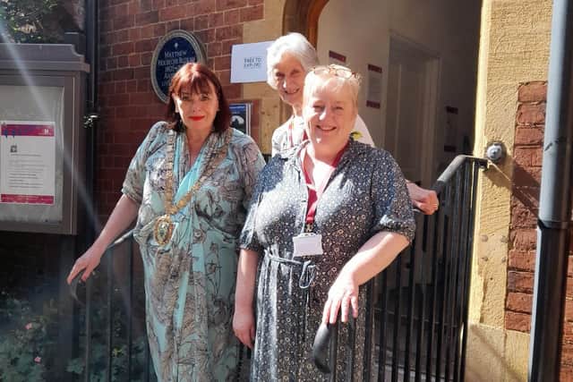 Rugby Mayor Maggie O'Rourke, Sheila Winterton, Vice President of the Percival Guildhouse, and Sarah Gall, Centre Manager.