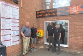 Photo left to right shows: Neil Morris, chairman Kenilworth HeartSafe, Joseph Rayappan, Proprietor of Albion Street Kitchen and two members of staff from Albion Street Kitchen. Photo supplied