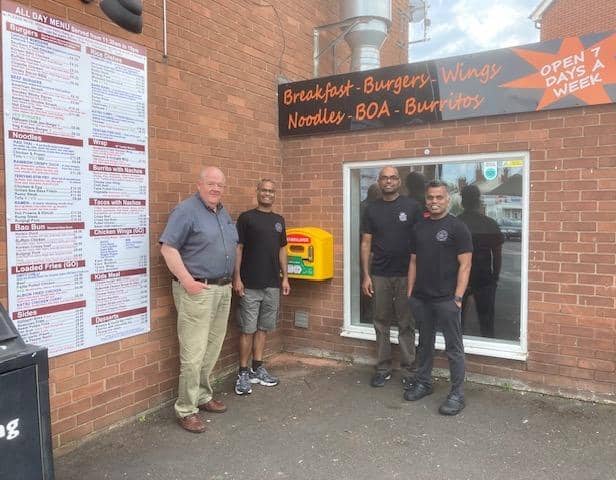 Photo left to right shows: Neil Morris, chairman Kenilworth HeartSafe, Joseph Rayappan, Proprietor of Albion Street Kitchen and two members of staff from Albion Street Kitchen. Photo supplied