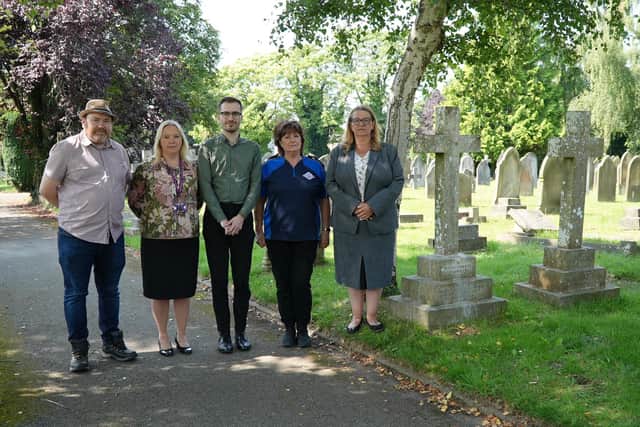 Photographed at Leamington Cemetery from left to right: Cllr Will Roberts, Jo Russell and Sam Blevins (WDC bereavement services), Sheila Coughlan (WDC community warden) and Pamela Chilvers (WDC bereavement services). Photo supplied by Warwick District Council