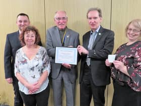 Warwick Rotary President Keith Talbot (centre) presents the Meritorious Award to Dr Librowski and his team: from left Dawid Kozlowski, Alex Willson, and far right Iza Topolinska. Photo supplied