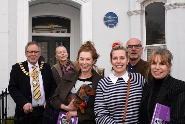 Among those who attended the unveiling, which was carried out by Leamington Mayor Cllr Alan Boad, were members of Rosa's family including her great granddaughter the comedian Sara Pascoe. Photo by Allan Jennings.