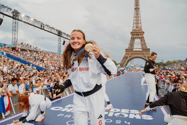 Olympian Lauren Henry celebrating her gold medal in Paris (Photo from Harborough District Council).