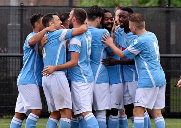 Rugby Town celebrating against Boldmere back in September    Picture by Martin Pulley