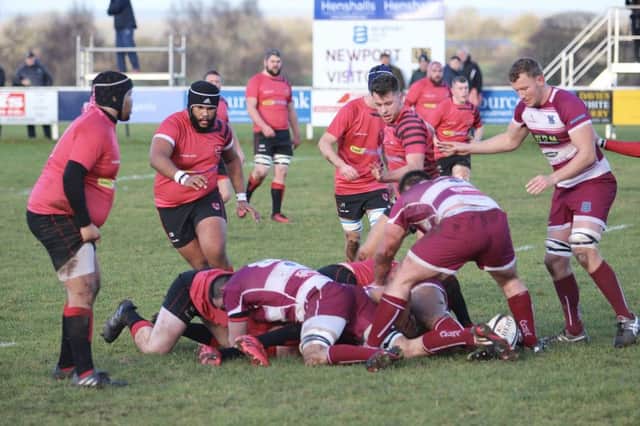 Newbold fighting for the ball against Newport, with Ben Nuttall, Curtley Bale and Jamie Mapletoft up close  PICTURE BY STEVE SMITH