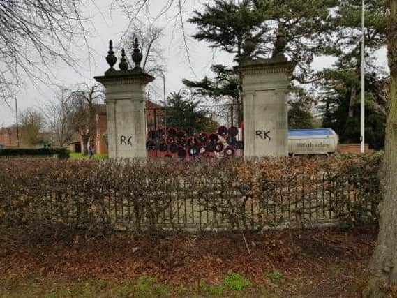 Vandalism on the Memorial Gates - which took place at some time before January 11. Photo credit: Bethany Goodwin.