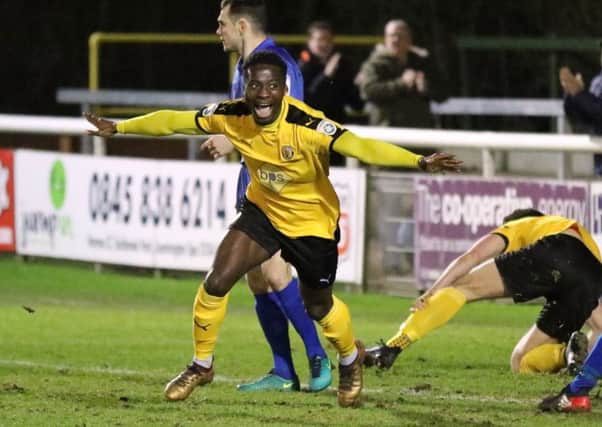 Daniel Udoh wheels away in delight after opening his account for Brakes. Picture: Tim Nunan