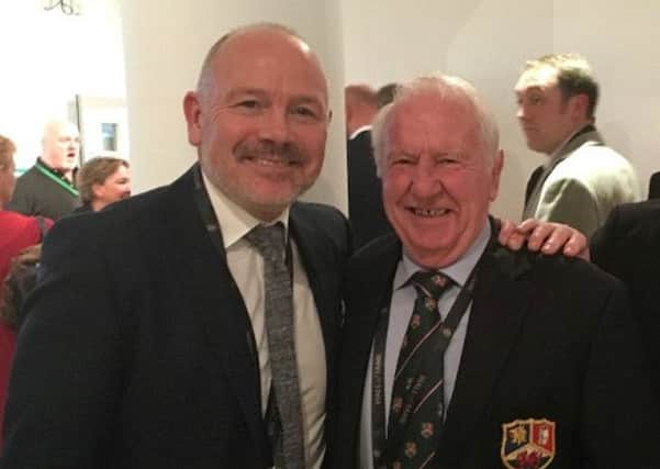 Rugby Welsh President Don Moses meeting Wales legend Ieuan Evans at Rugby's Hall of Fame