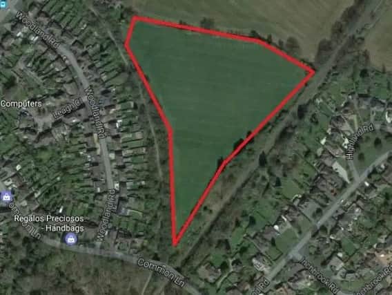 Crackley Triangle off Common Lane, where the 93 houses will be located. Copyright: Google Earth
