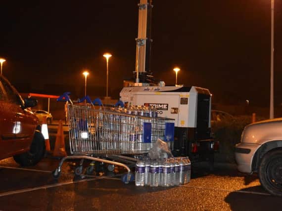 Water supplies left at Tesco on Leicester Road last night, March 5.
