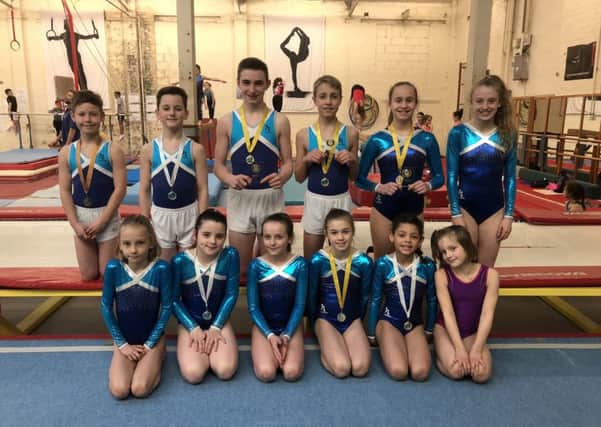 Talented tumblers: Back row from left, Louis Davies, Ben Harris, Sam Newberry, Jake Templeman, Izzy Henden, Eve Howard. Front row, from left, Lydia Clewlow, Ruby-May Sayer, Tilly Osborne-Smith, Lola Slater, Maya Adeniyi, Florence Kinsella.