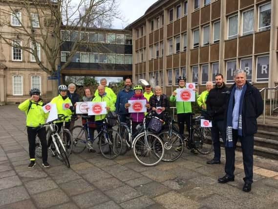 Campaigners outside Shire Hall this morning who wanted a better cycle network for Warwickshire