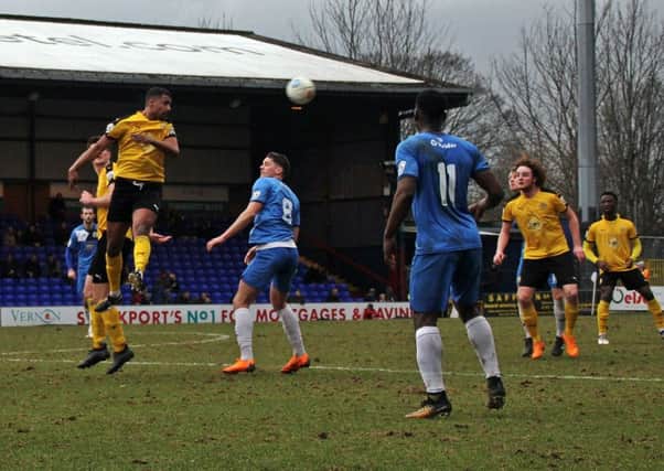 Joe Magunda gets up to win a high ball fro Leamington. Pictures: Sally Ellis