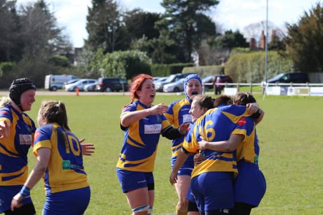 Kenilworth Ladies celebrate after Stav Williams broke through to score the match-winning try. Pictures: Pete Hall