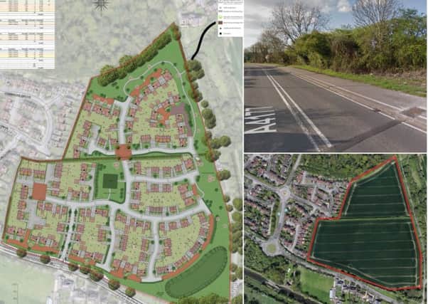 Image of Taylor Wimpey's proposed development (left) and photos of the proposed site in Hatton Park from Google Street View.