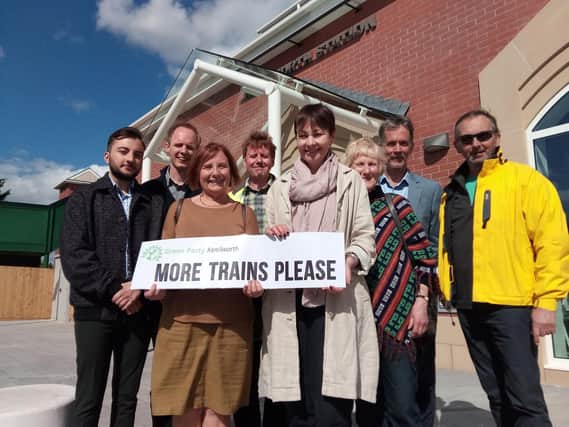 Caroline Lucas MP outside Kenilworth Station with Green Party members. From left: Christophe Locatelli, a Green Party member of Warwick University, Cllr Jonathan Chilvers, Alix Dearing, John Dearing, Caroline Lucas MP, Pippa Austin, James Kennedy, and George Martin.